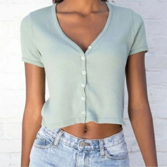 Brandy Melville Paige Baby Button Up Tee Cropped Green Women’s One Size Fits All - Picture 1 of 7